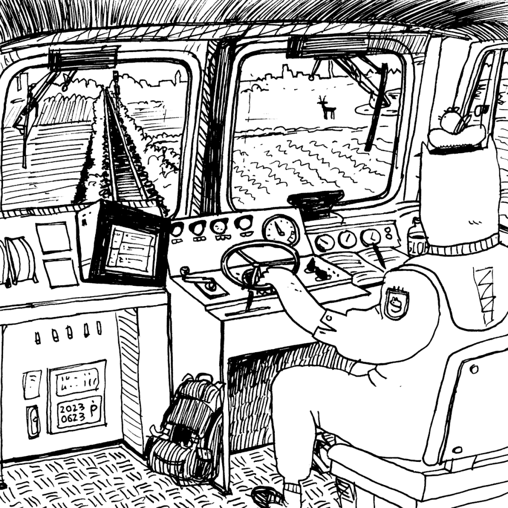 a drawing of a train driver's cab seen from diagonally behind the driver. the driver is sitting at the controls and through the front window, we see the tracks and the landscape, a signal in the distance, a deer, trees and buildings at the horizon. on the train driver's hat there sits a little bird, also wearing a cap.