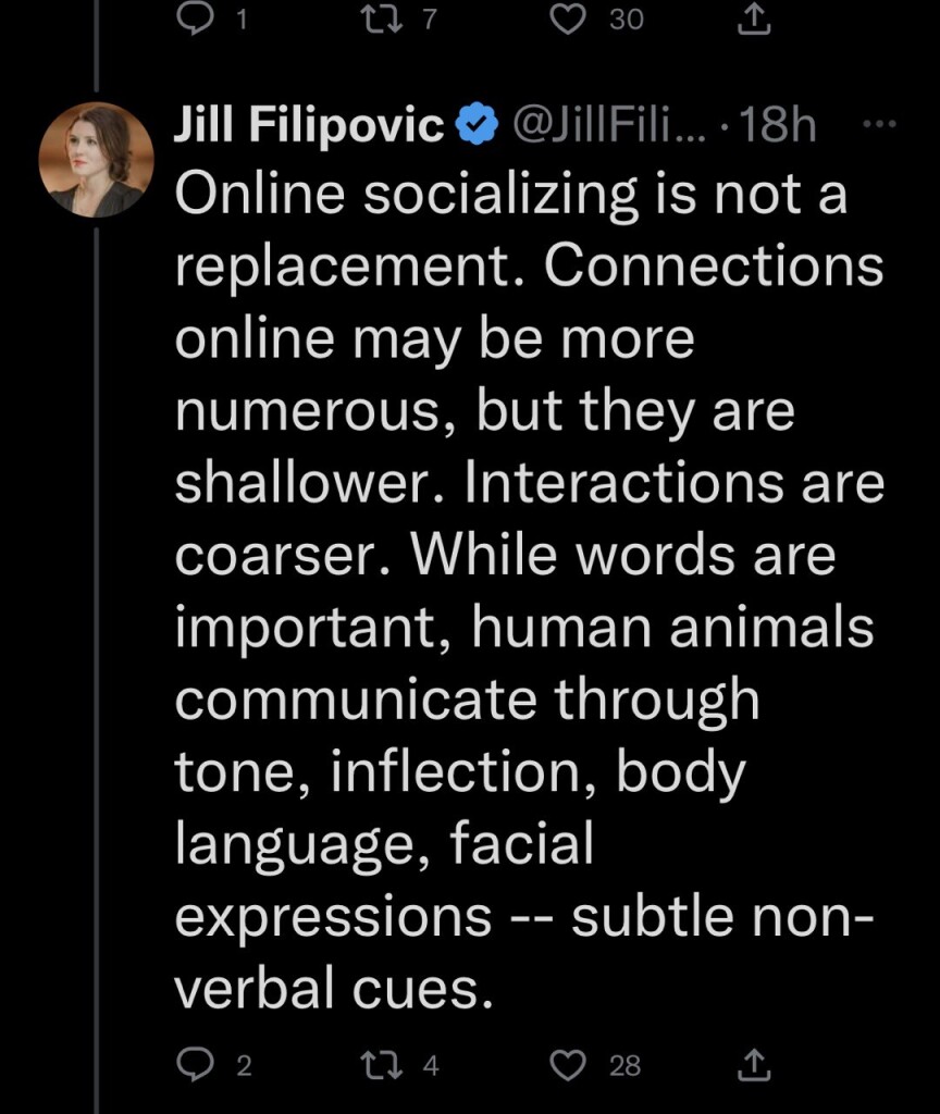 Jill Filopovic tweets that 

“Online socializing is not a replacement. Connections
online may be more
numerous, but they are shallower. Interactions are
coarser. While words are important, human animals communicate through tone, inflection, body language, facial expressions -- subtle non-verbal cues.”