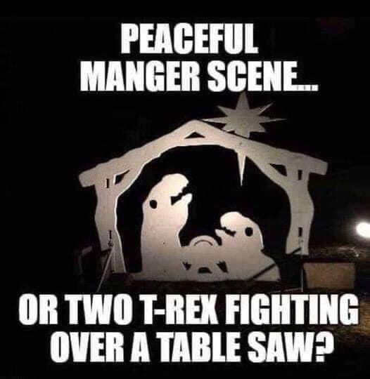 Manger scene silhouettes looking more like dinosaurs than praying parents