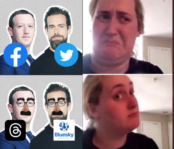 Meme of person looking very disapprovingly at Mark Zuckerberg (with a facebook logo in front of him) and Jack Dorsey (with a twitter logo in front of him) and then the same person looking excitedly at Mark Zuckerberg with a Groucho Mark mask (with a threads logo in front of him) and Jack Dorsey in a Grouche Mark mask (with a Bluesky logo in front of him).