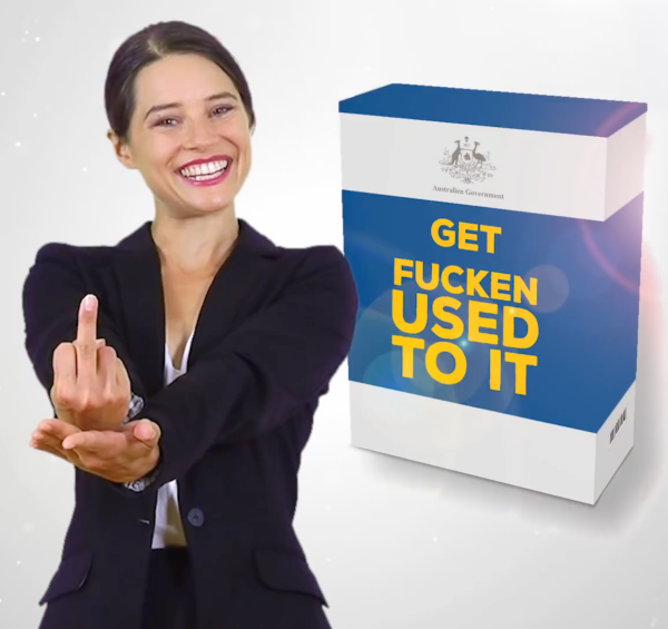 Still from Juiced Media “Honest Government Ad” video. Background text reads “GET F***** USED TO IT”