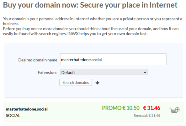 screenshot of a dns registry query for the domain name masterbatedone.social: the domain name is still available and there's a promotional offer for 10,50 €.