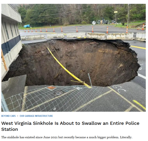 West Virginia Sinkhole Is About to Swallow an Entire Police Station

The sinkhole has existed since June 2021 but recently became a much bigger problem. Literally. 