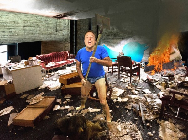 Twitter HQ destroyed and on fire. Elon Musk in underpants, wielding a shovel.