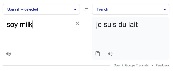 Google translate result translating "soy milk" into "je suis du lait."