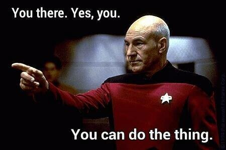 A still from Star Trek showing Captain Picard pointing off to the left. Words on the image read "You there. Yes, you. You can do the thing."