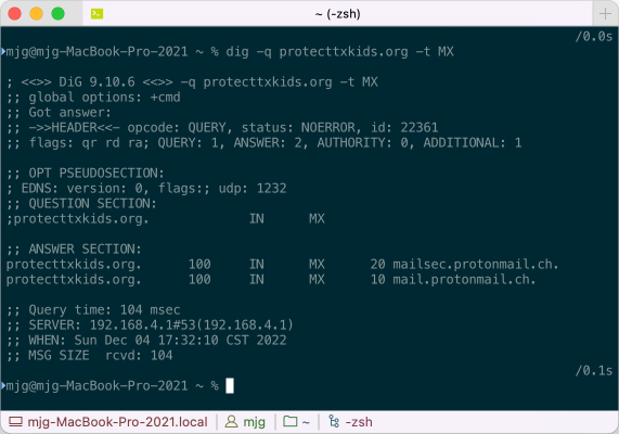 A screenshot of a Unix terminal running the `dig` command to discover the mail exchanges, or “MX” domain name service (DNS) records, for the protecttxkids.org Internet domain