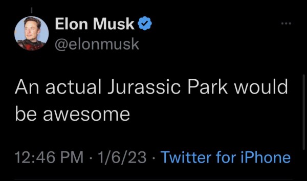 Elon Musk tweet: "An actual Jurassic Park would be awesome"