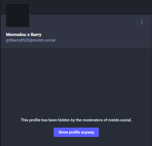 Screenshot of the profile of Momodou S Barry, showing that the profile has been hidden by the moderators.