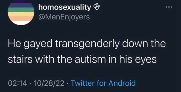 a screenshot of a tweet that says "he gay-ed transgenderly down the stairs with the autism in his eyes"